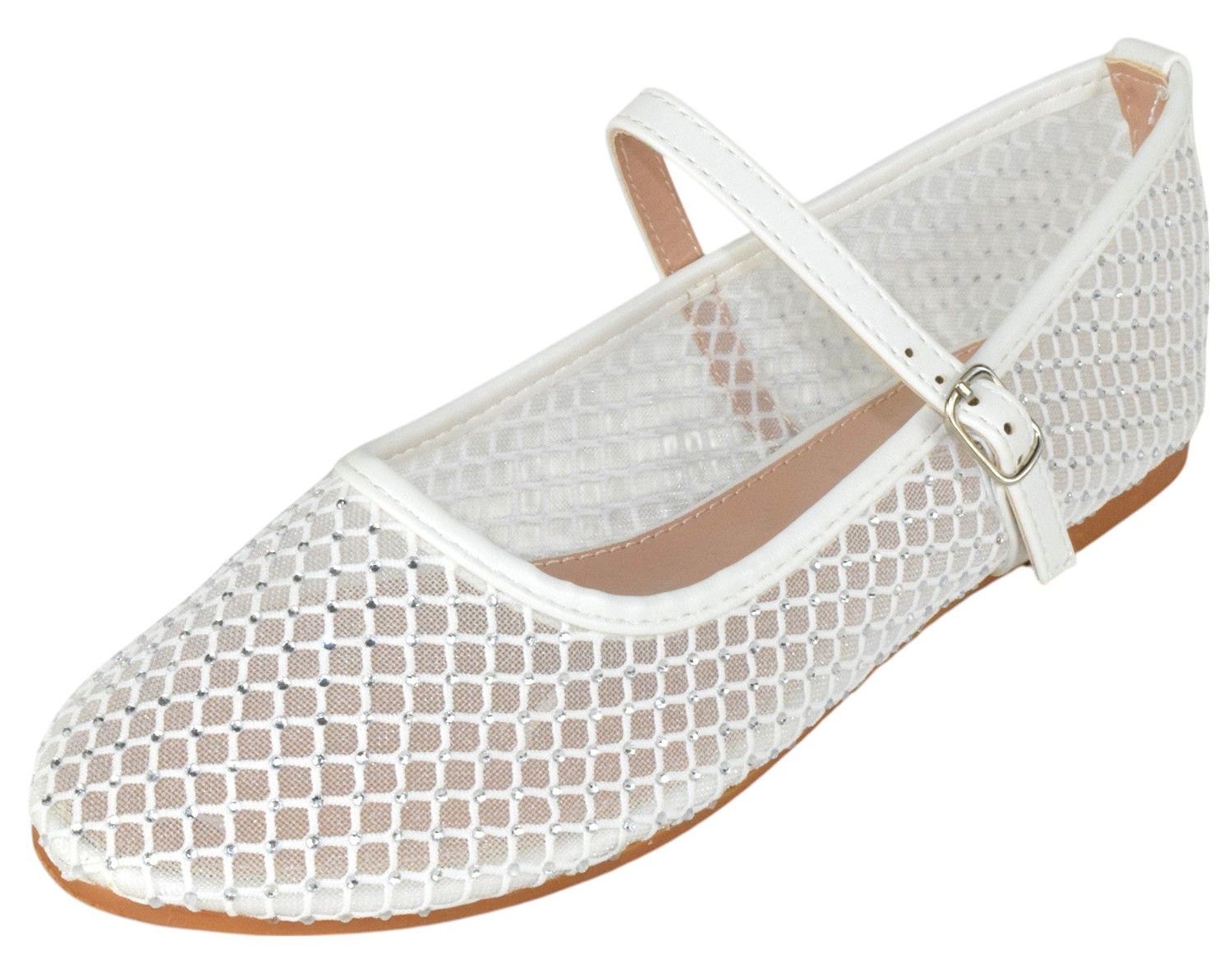 TOP MODA Women Rhinestone Mesh Flats Sparkly Mary Jane Ankle Strap ROSARIO White