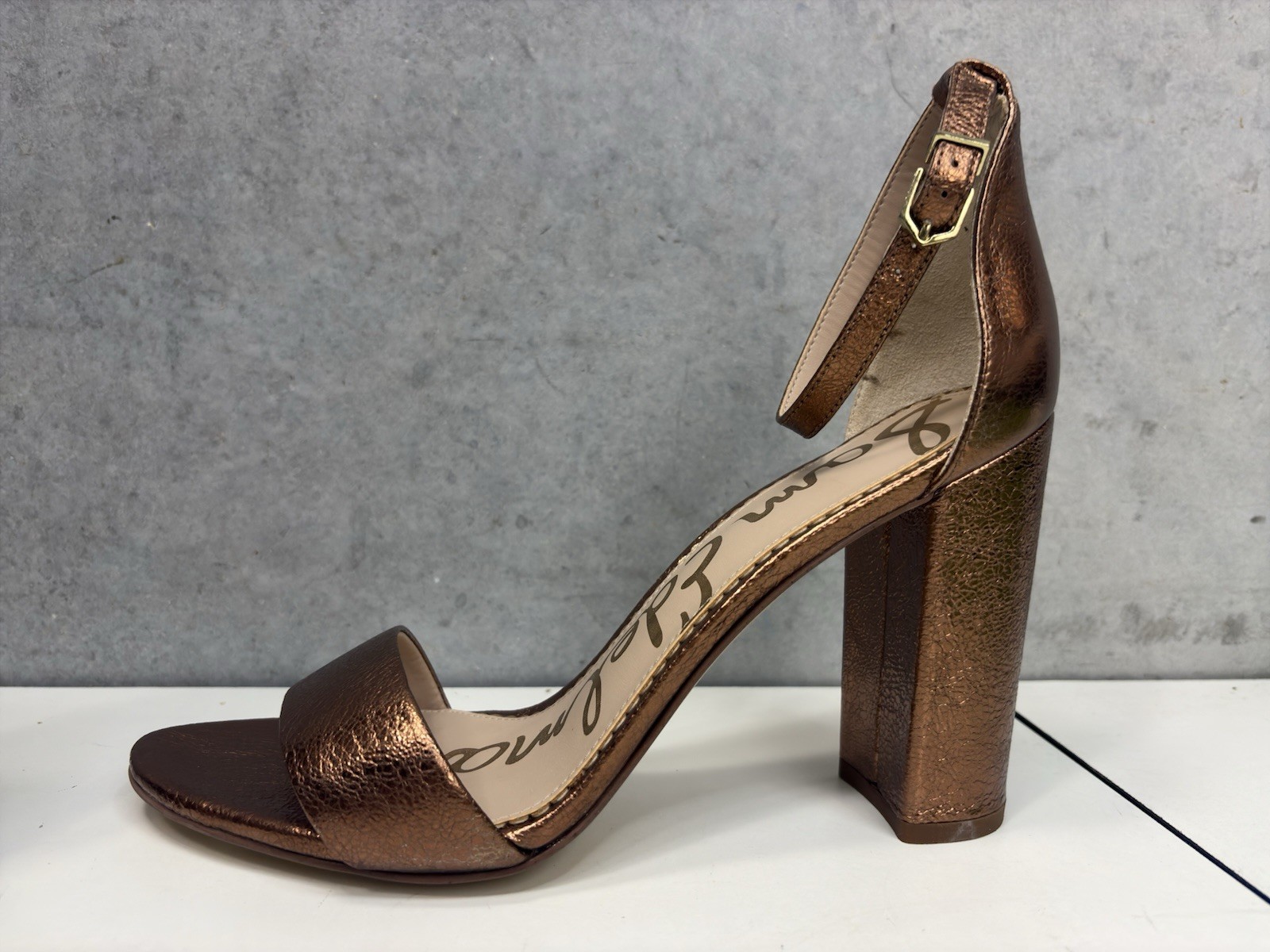 Sam Edelman Yaro Dk Apricot Metallic Leather Block Heel Sandals Womens 10