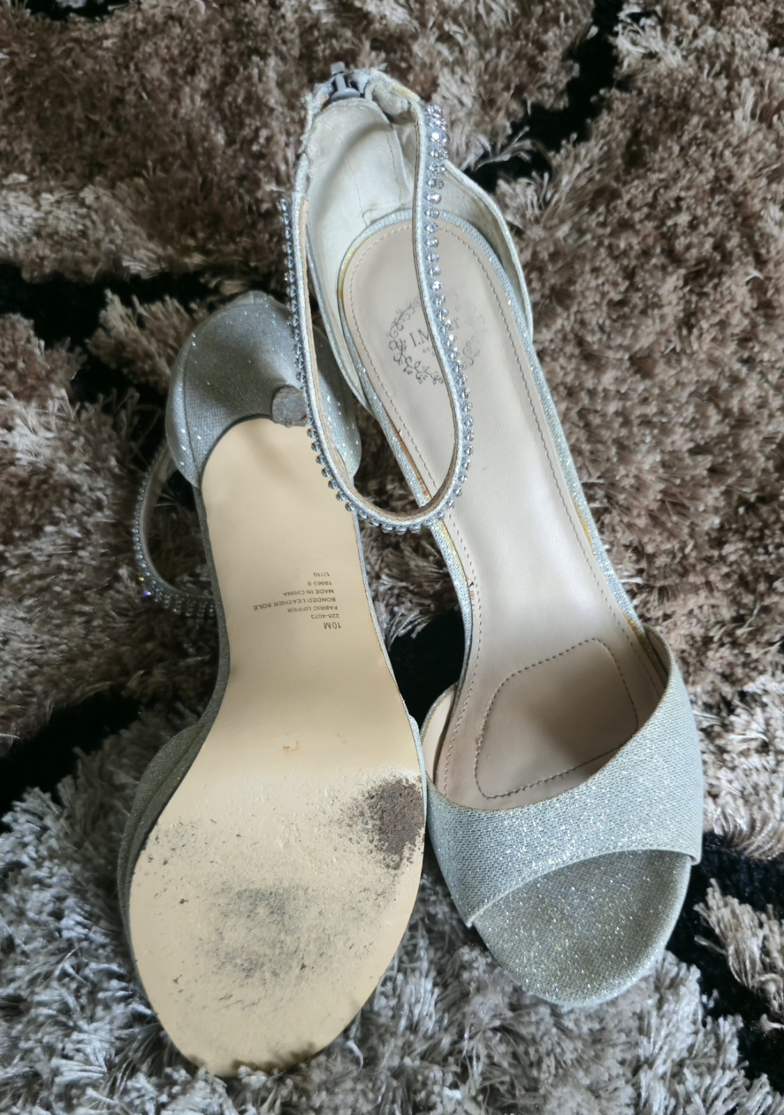 J.Miller Women’s Silver Glitter Rhinestone Ankle Strap Zip Open Toe Heels 10