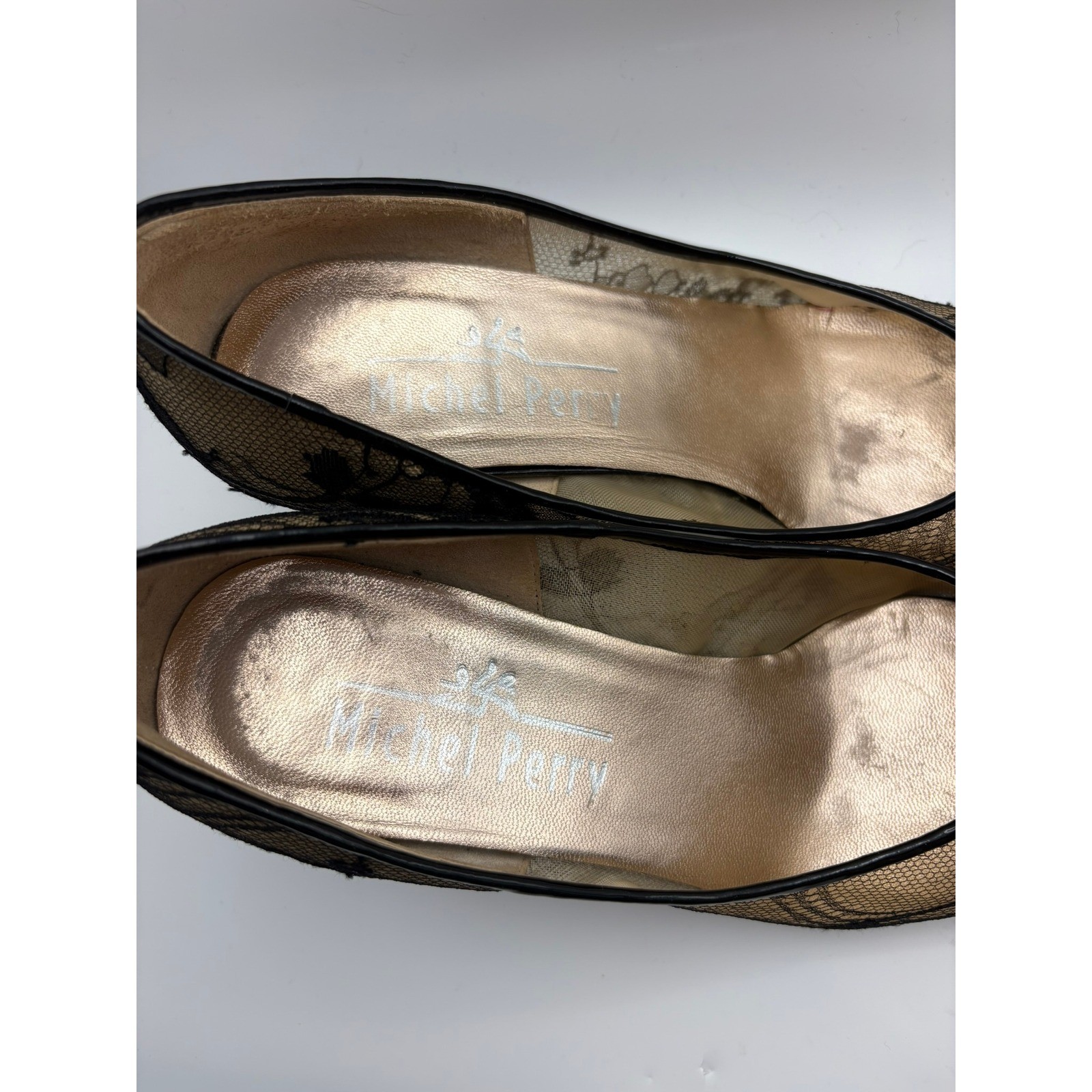 Rare Michel Perry Lace Mesh Pumps 36.5 Black Nude Kitten Heel Pointed Y2K Italy