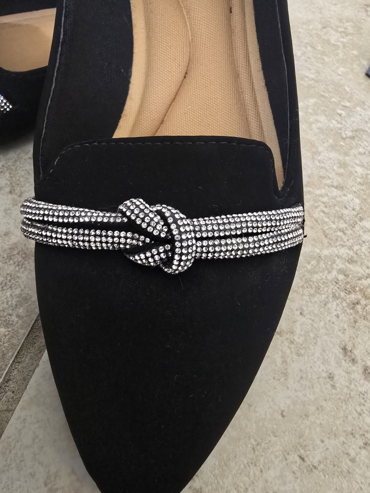 TOP MODA Women’s Black Rhinestone Knot Slip-On Pointed Toe Flats 9 Faux Suede