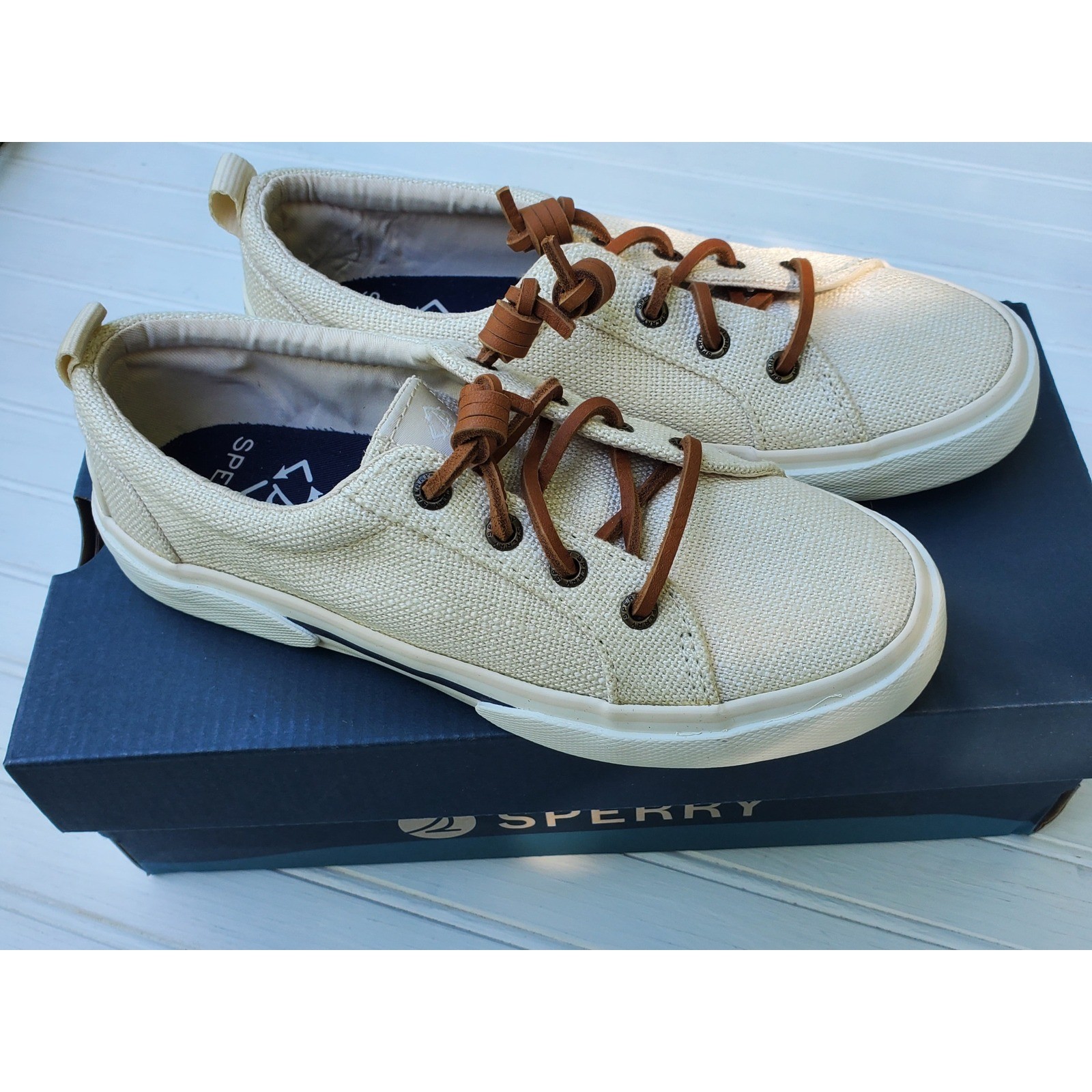 Sperry Pier Wave LTT SC Bone Canvas Sneakers NIB Womens 5 STS88566 Boat shoes