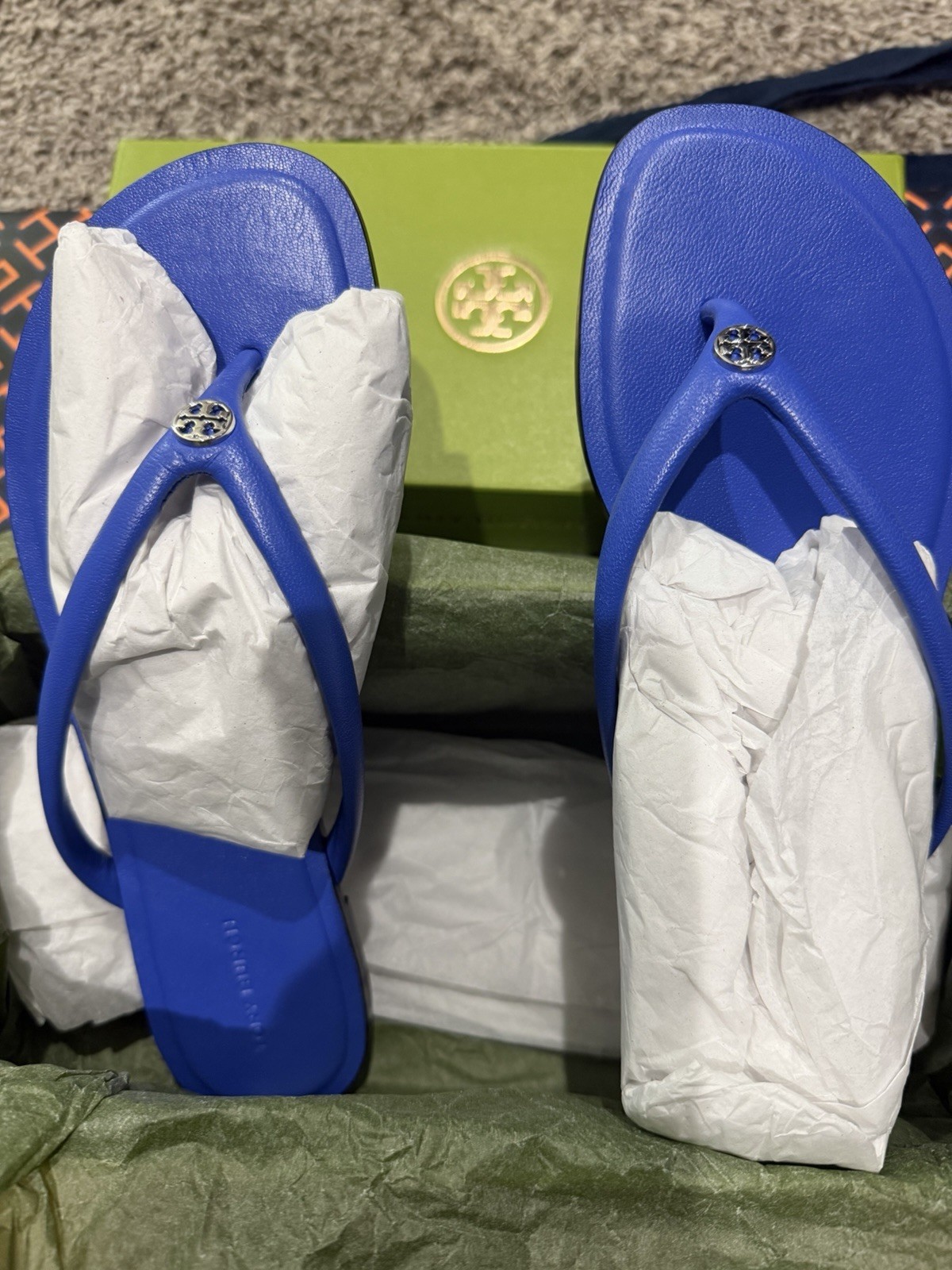 Tory Burch Women’s Blue Logo Thong Slip-On Leather Sandals Rubber US 8