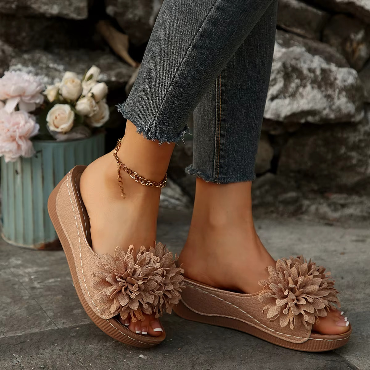 Women’s Flower Wedge Sandals Open Toe Slip-On Summer Platform Slides Casual