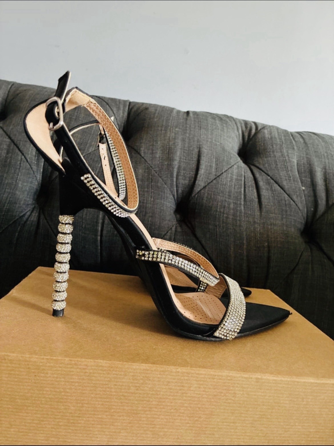 Azalea Wang Black Satin Rhinestone Ankle Strap Pointed Toe Stiletto Heels 7.5