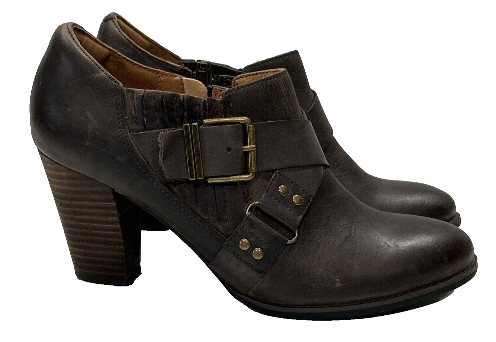 Clarks Indigo Brownish Gray Leather Moto Booties Heeled Ankle Boots Zip Women 9