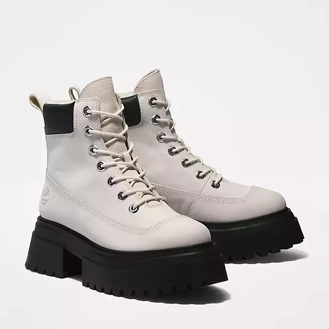 Timberland Sky 6-Inch Lace Up White Nubuck Leather Platform Boots Women’s 8.5