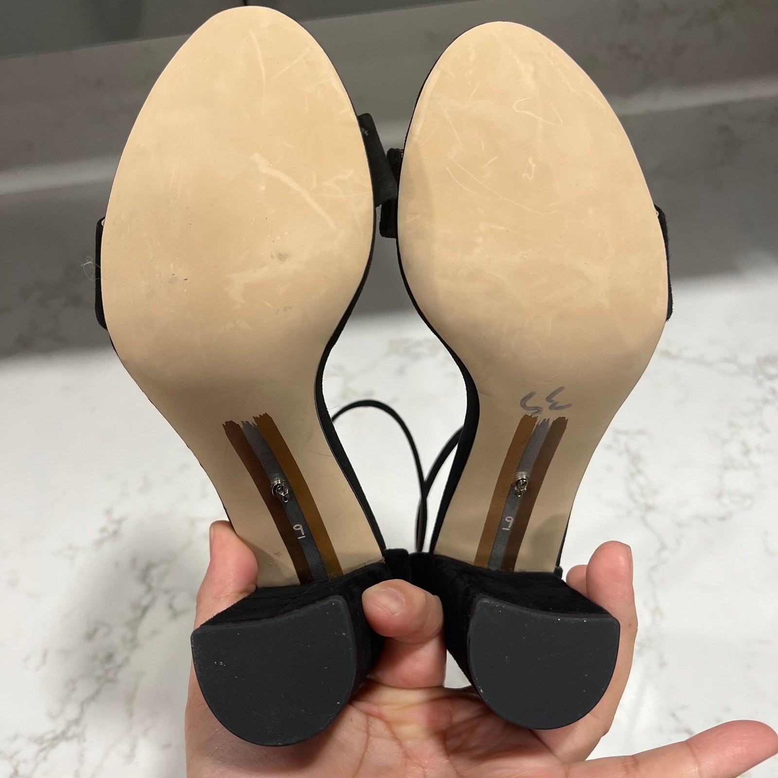 New Sam Edelman Yaro Sandals Black Suede Ankle-Strap Block Heel Sz 9