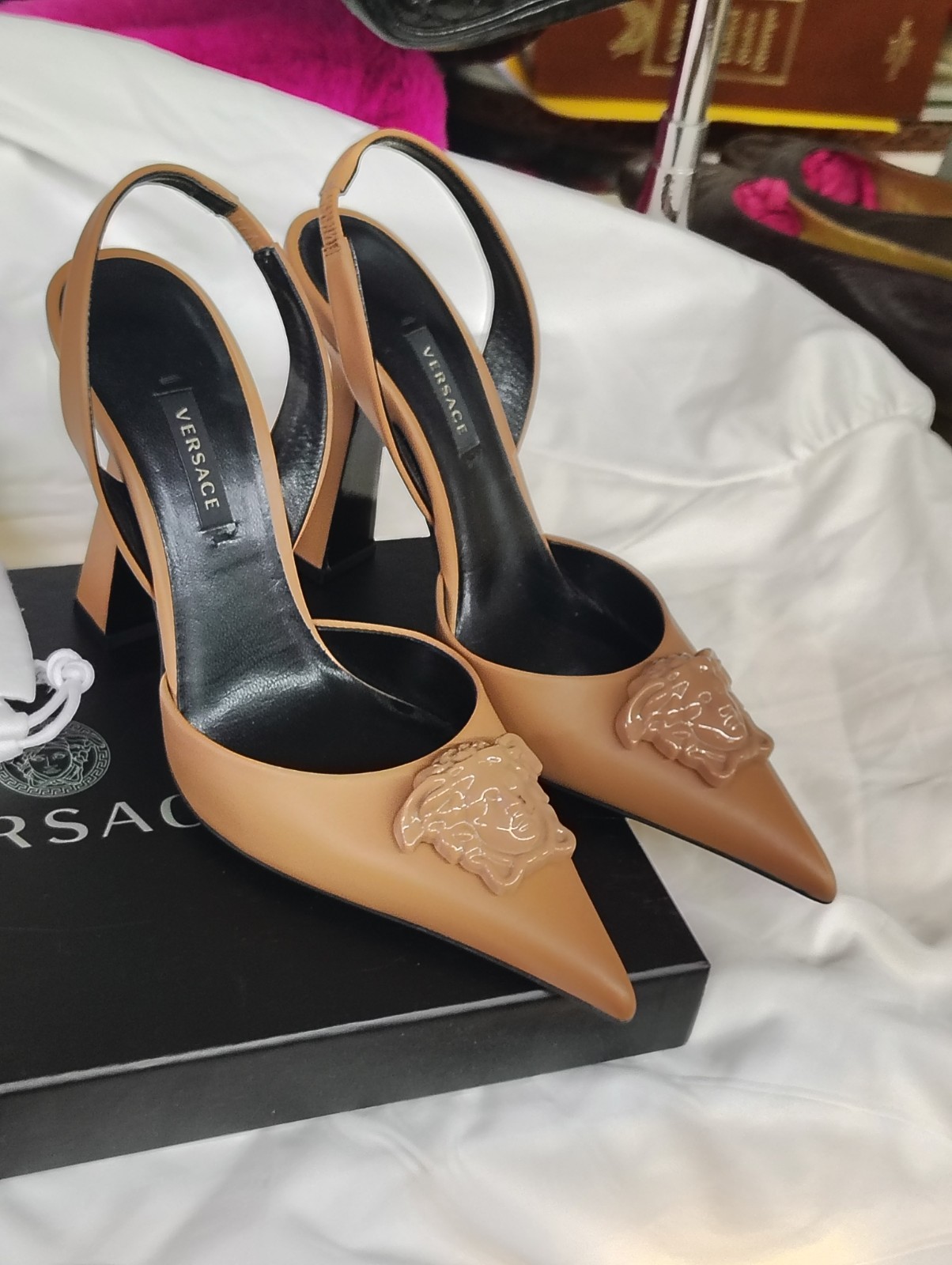 Versace Tan Leather Medusa Slingback Pointed Toe Women’s Pumps EU 36 US 6