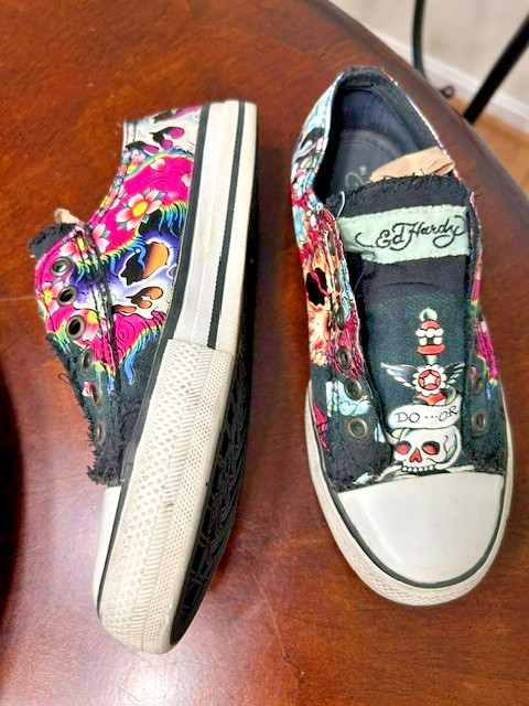 Vintage Ed Hardy Do Or Die Skull Slip On Sneakers Pink Black Y2K Size 5 AS IS
