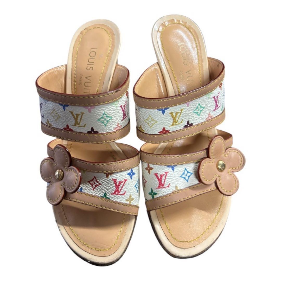 Louis Vuitton Monogram Multicolor Mule Sandals Flower Open Toe White Beige Auth
