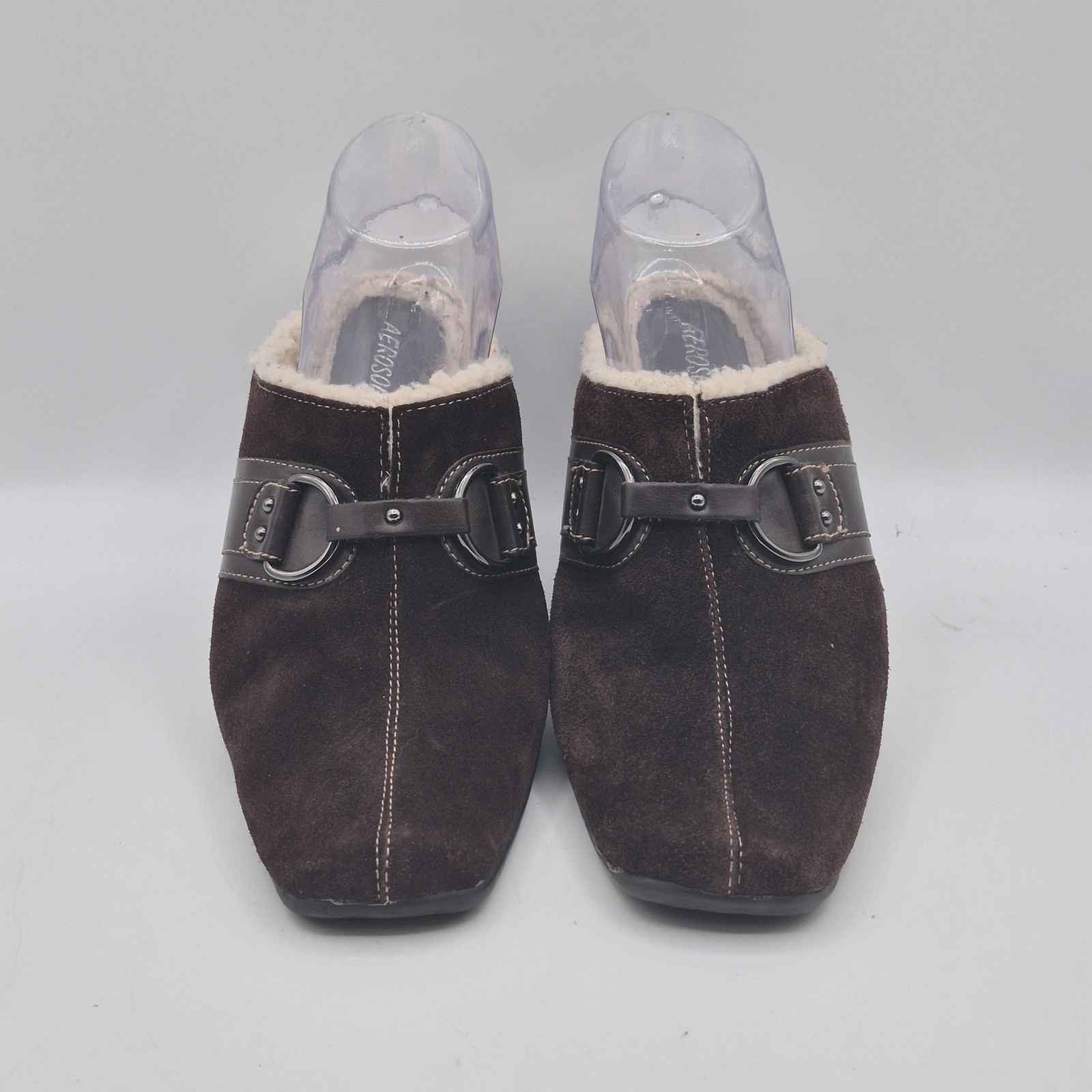Aerosoles Shoes Womens Size 10 Brown Suede Faux Fur Mule Heels Buckle Lined