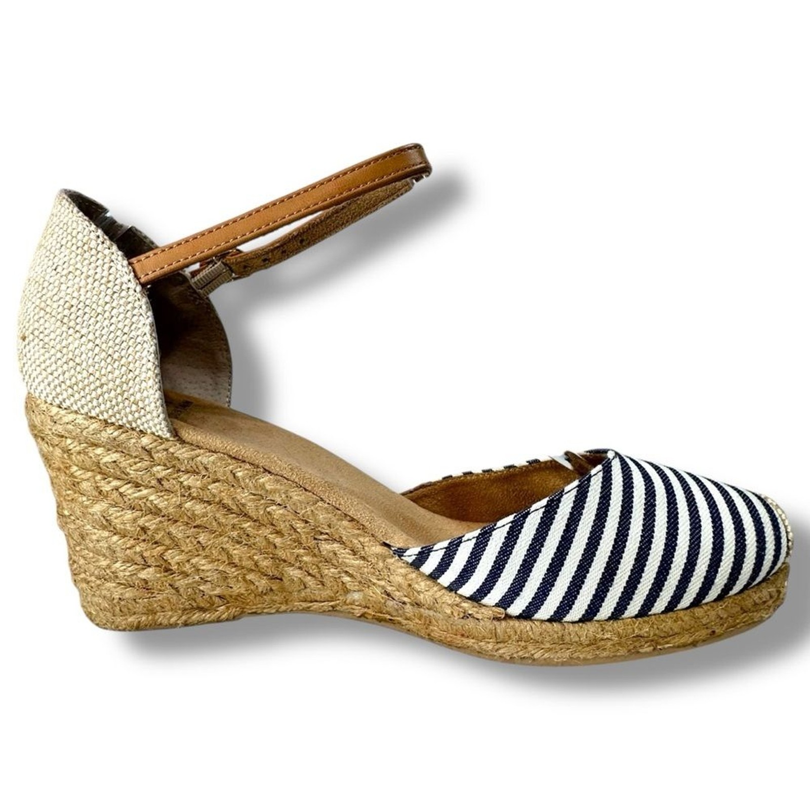 White Mountain Mamba Ankle Strap Espadrille Wedge Sandals Blue White Stripe 10M