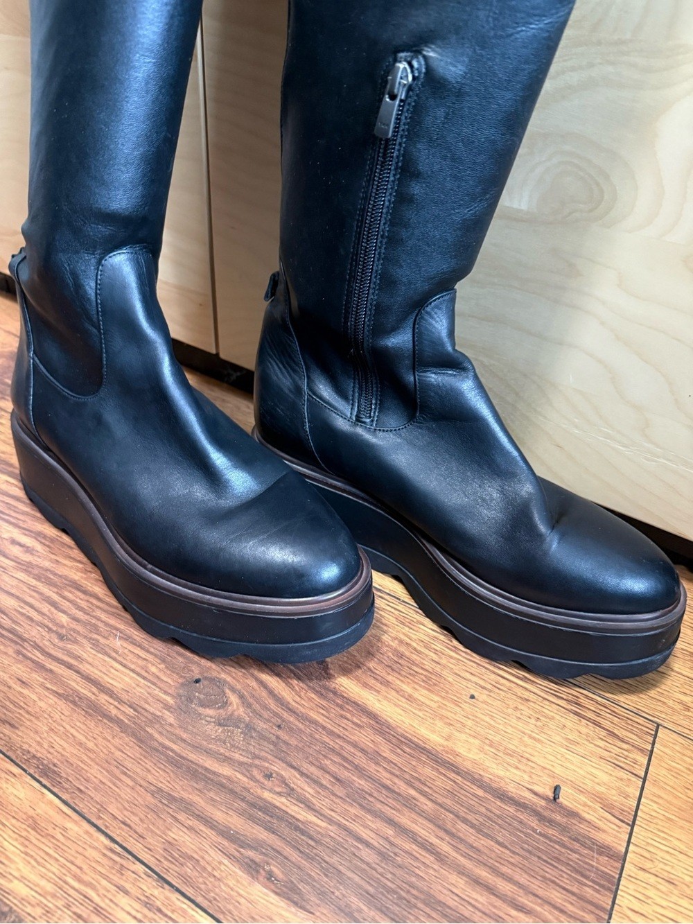 Black Platform Knee-High Leather Like Boots