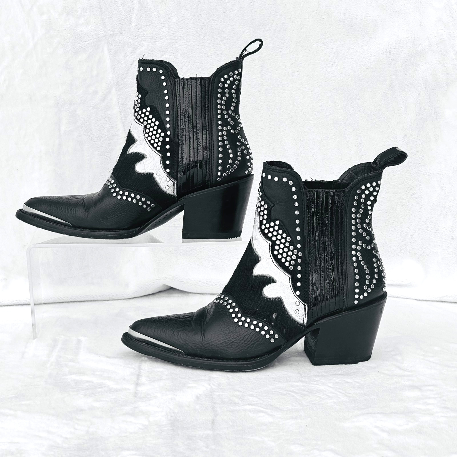 Mezcalero Chiara Women Black White 5.5 Leather Fur Trim Pull on Ankle Boots Poi