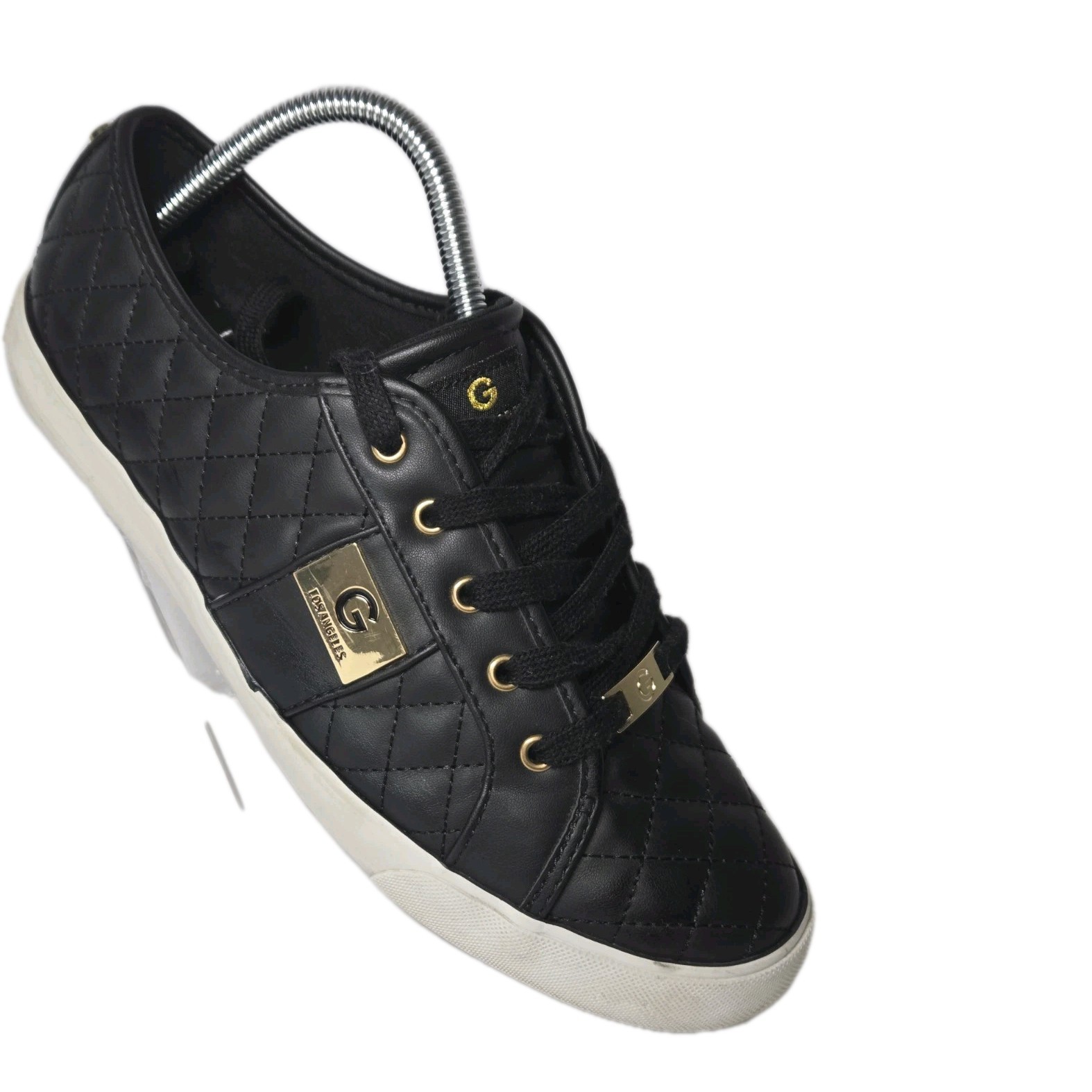 Guess Backer Black Quilted Lace Up Sneakers Gold Accents Womens Size 10