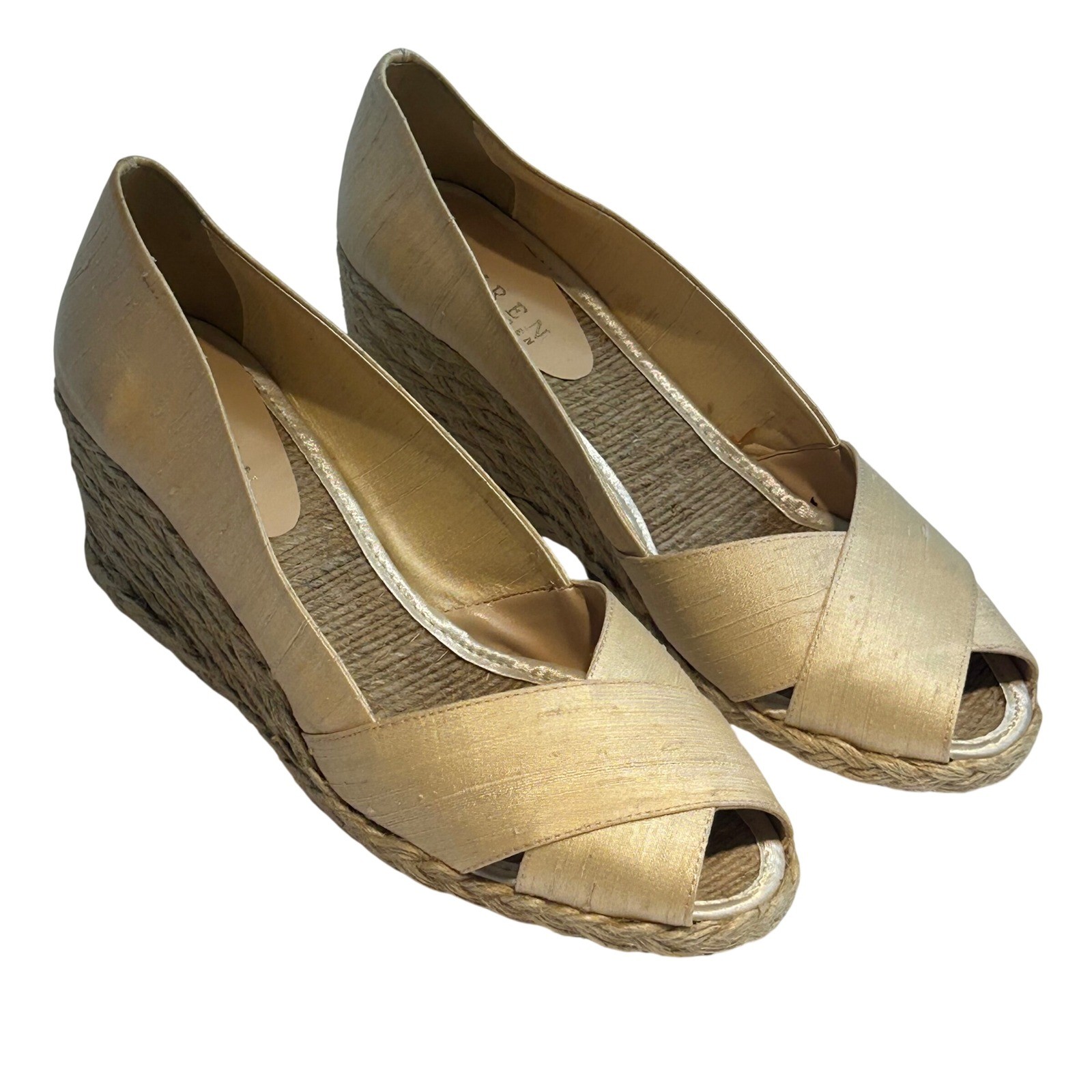 Lauren Ralph Lauren Cecilia Parchment Shantung Espadrille Wedges Gold 9B Spain
