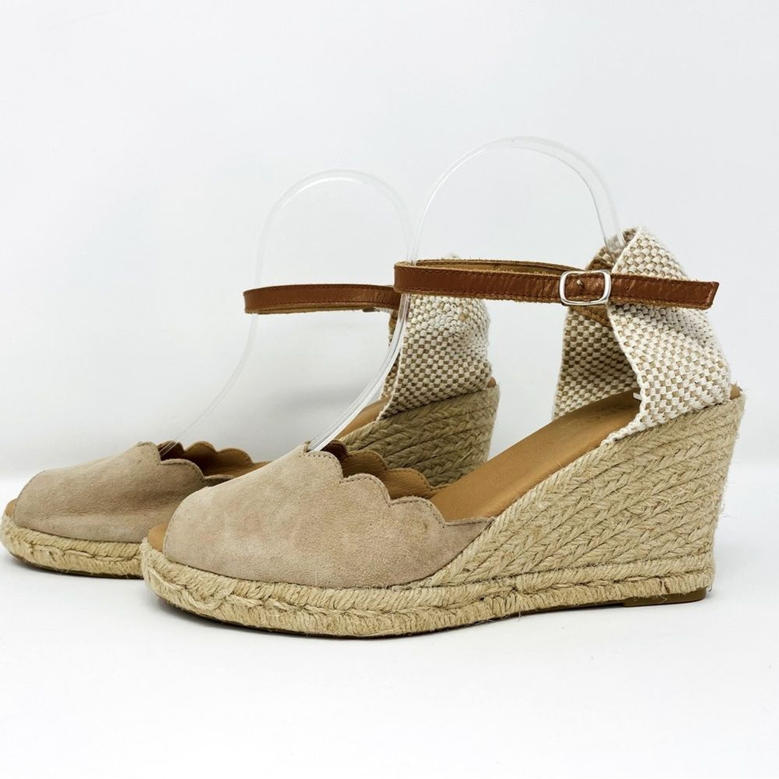 PASEART 41 / 9.5 Peep Toe Taupe Suede Espadrille Scallop Boho Wedge Sandal Spain