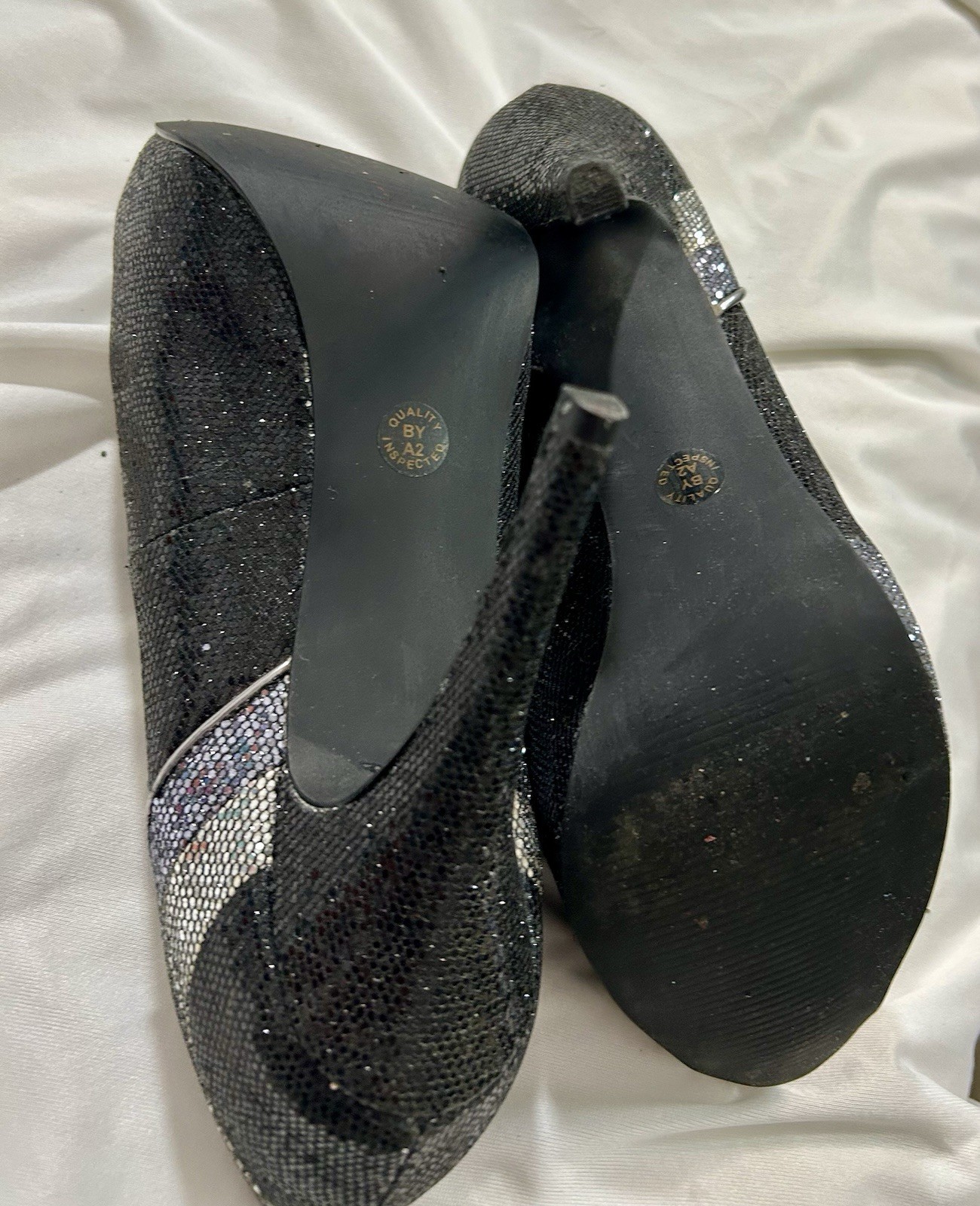 Worthington Women’s Black/Silver Glitter Peep Toe Stiletto Slip-On Pumps 7.5