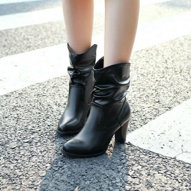 Women’s Office Work Casual Slouch Block Heel Round Toe Ankle Boots Outdoor Shoes