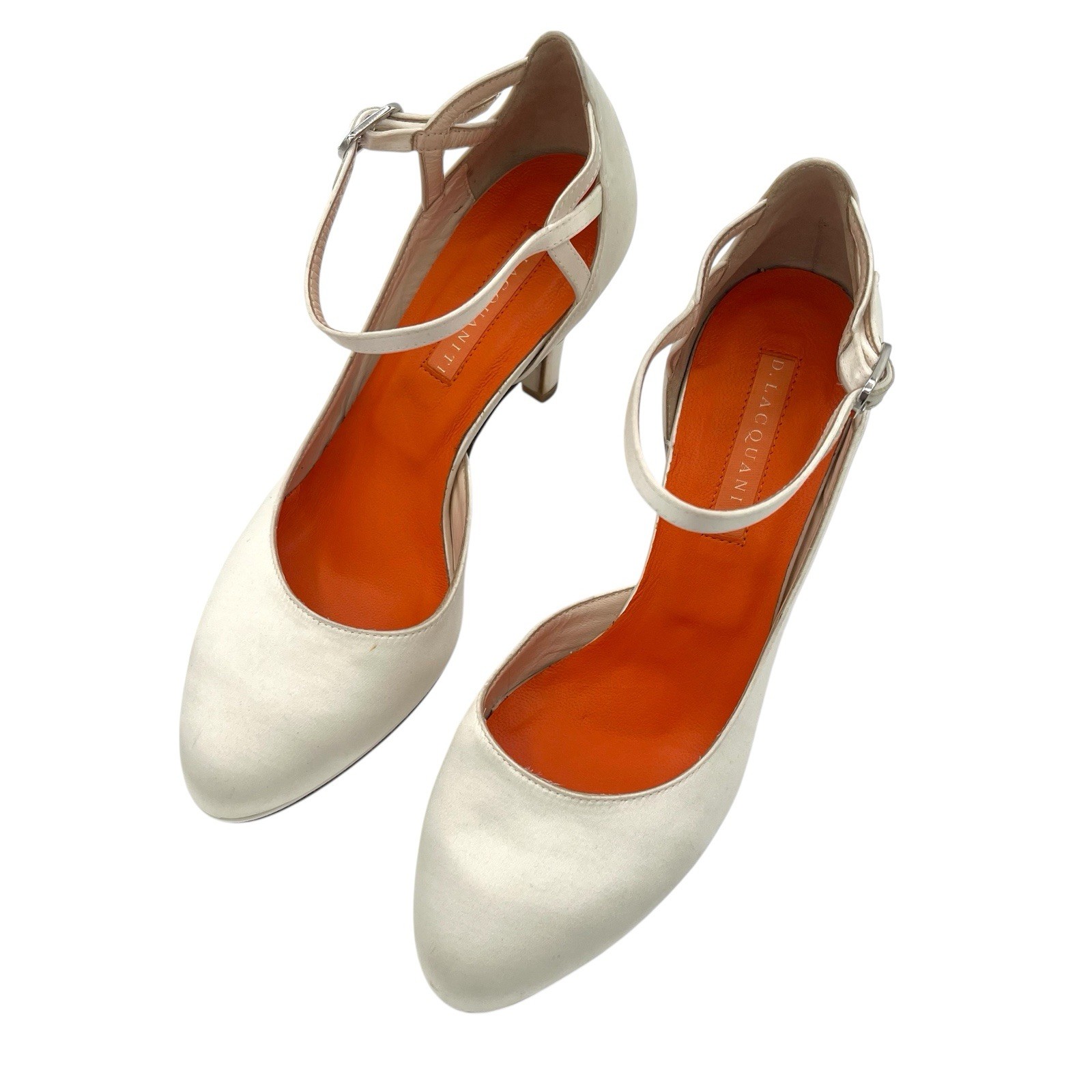 D. Lacquaniti white Satin d’Orsay Mary Jane heels Sz 37 Bridal Luxury Designer