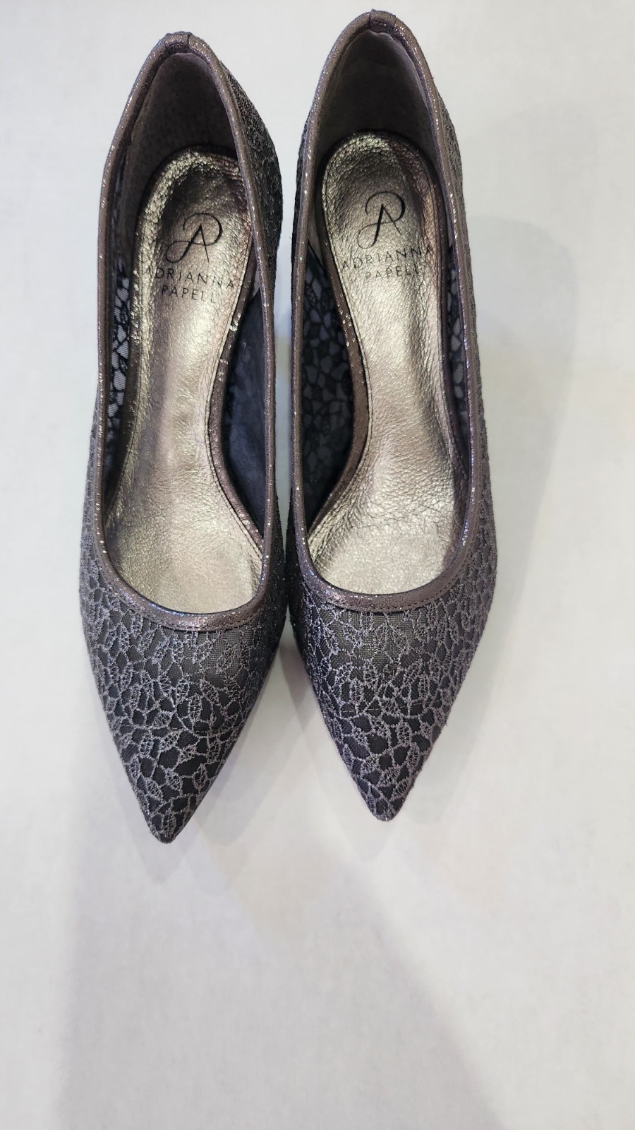 Adrianna Papell Women’s Gray Leather Lace Glitter Pointed Toe Pumps Size 8