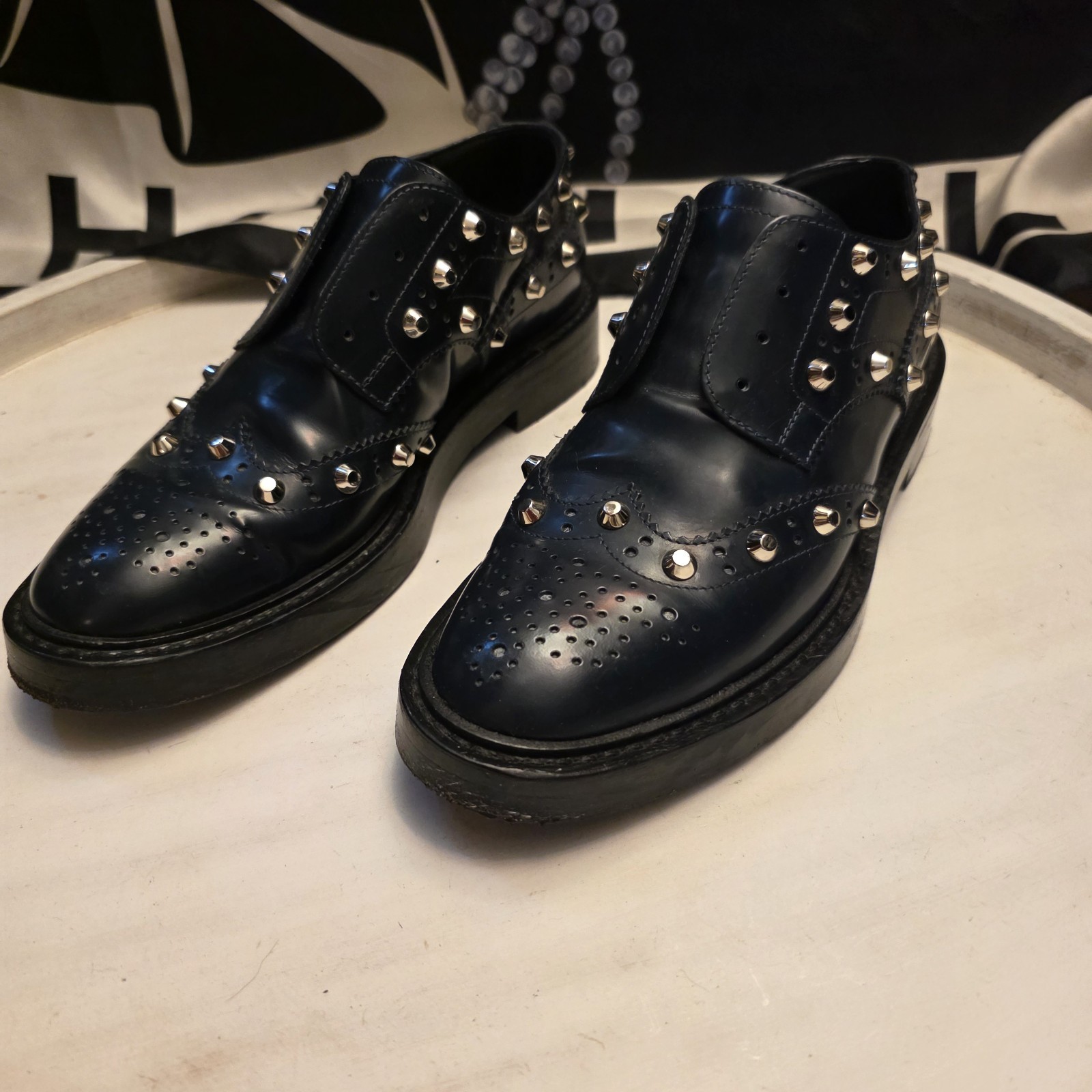 Balenciaga Women’s Black Leather Studded Slip On Loafers. Size 38
