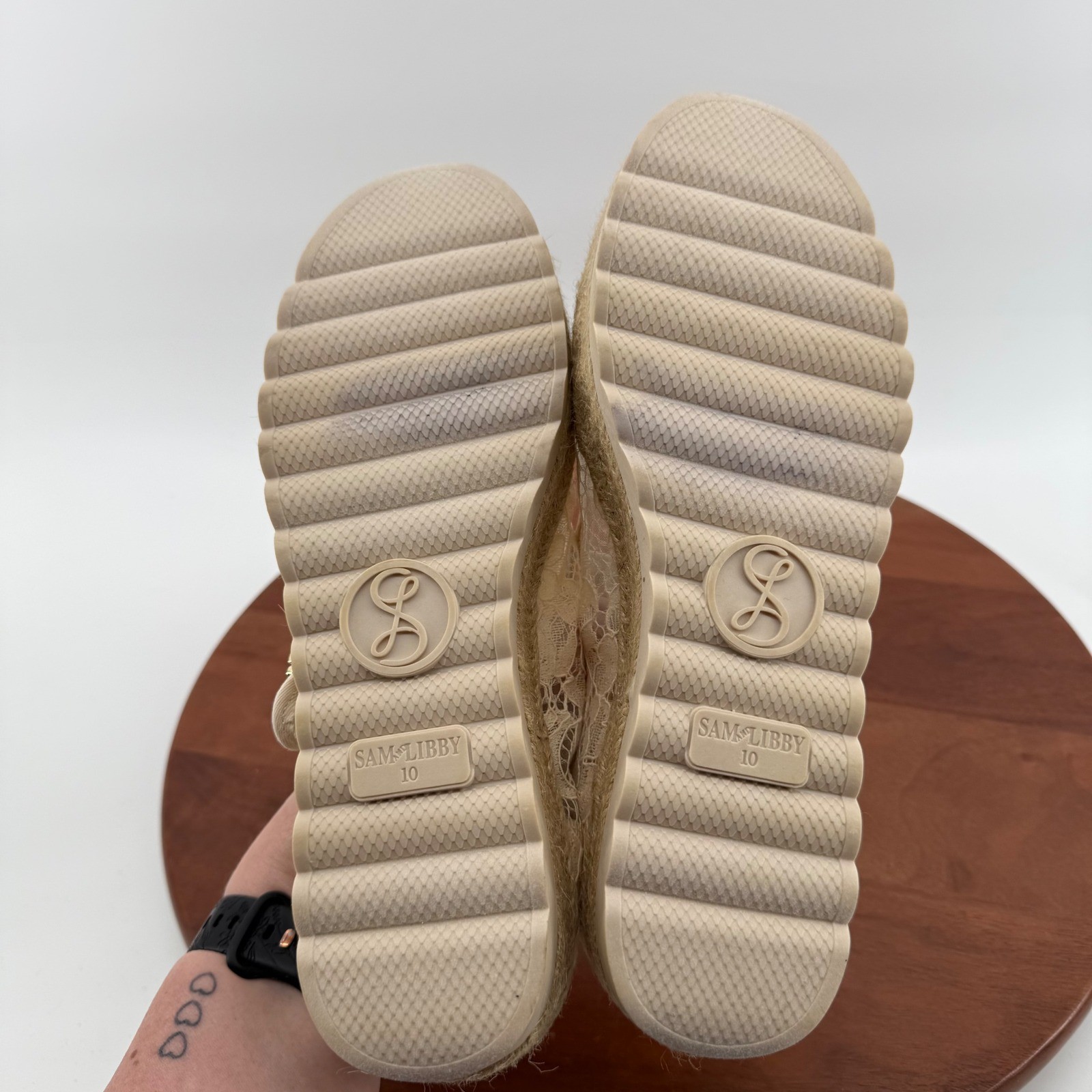 Sam & Libby Mary Jane Espadrille Women Beige Floral Lace Platform Shoes 10