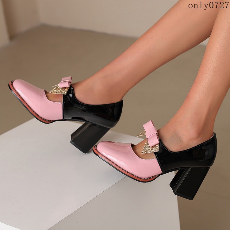 Women’s Colorblock Shiny Faux Leather Bowknot Sequins High Block Heel Shoes Plus