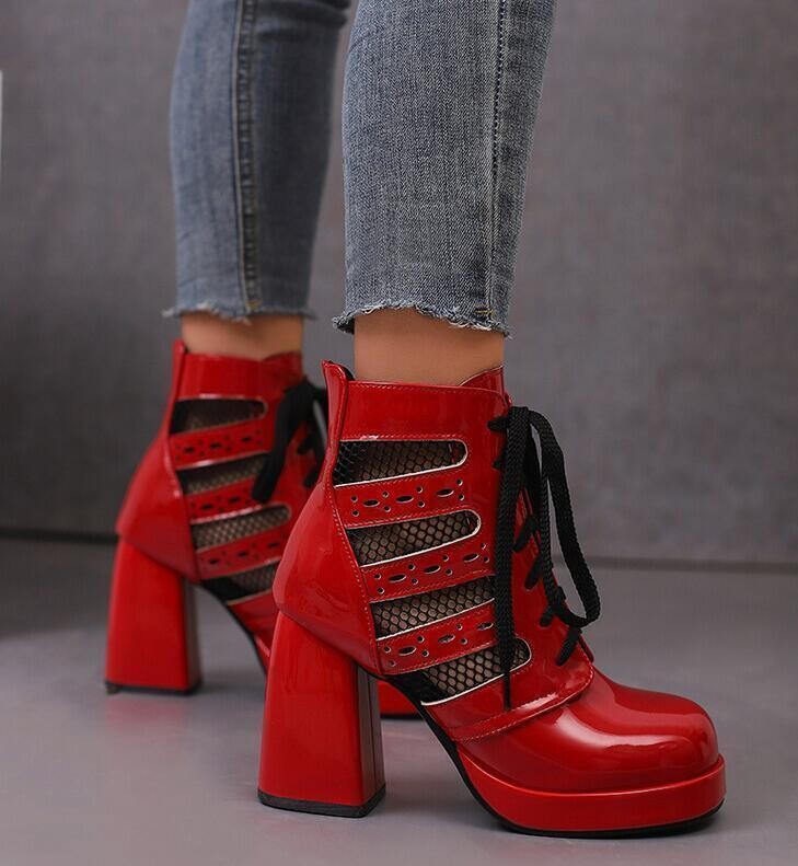 Chic Women’s Faux Leather Mesh Patchwork Sandals Lace Up Dress Party Ankle Boots