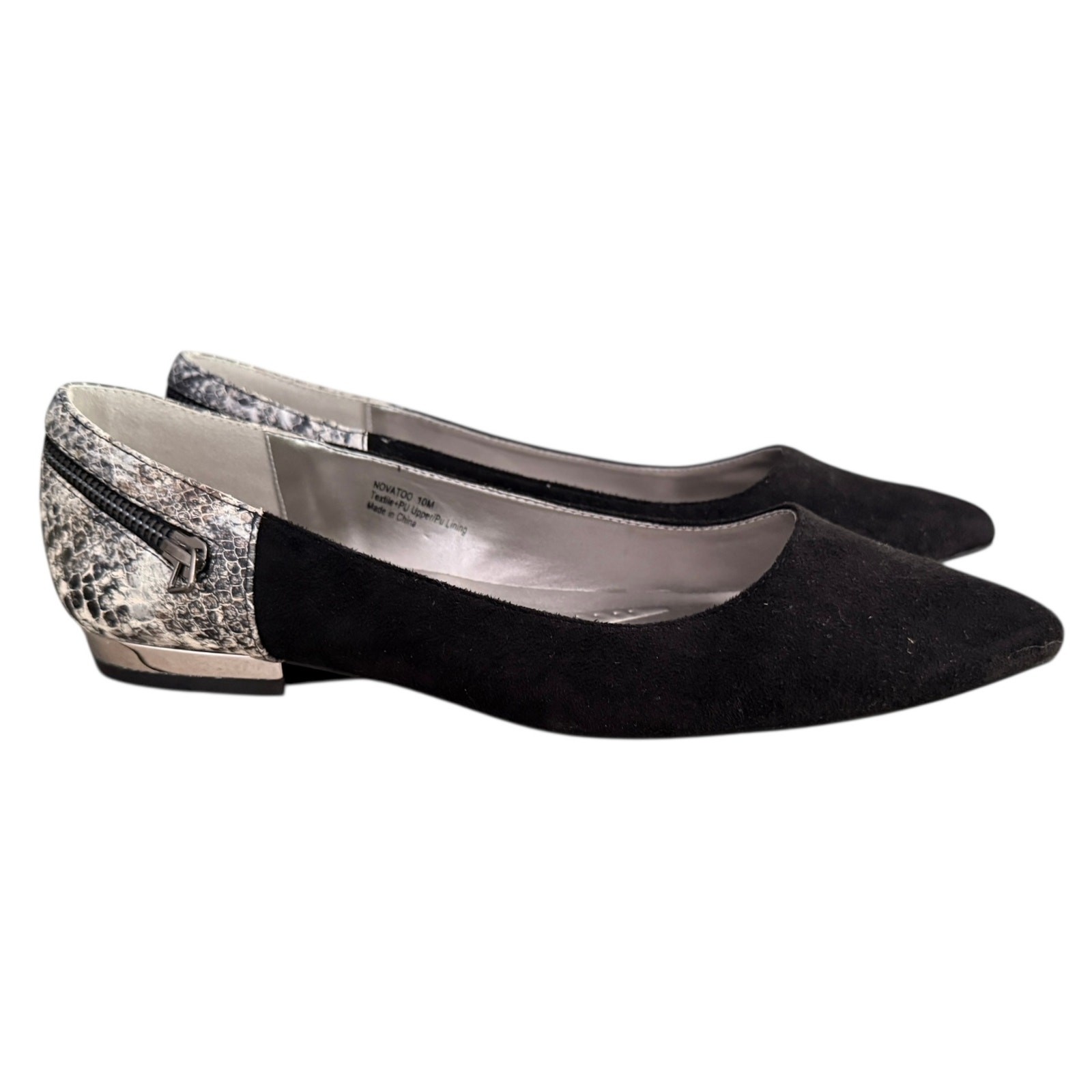 Bellini Navatoo Black Faux Suede Pointed Flats Snake Embossed Heel Zip 10