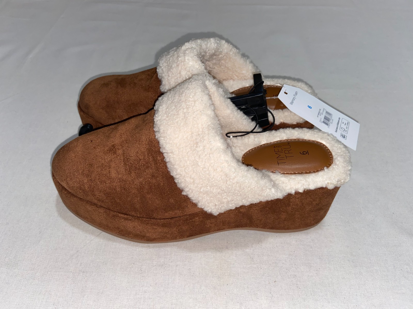Time & Tru Women Wedge Clog Slippers Chestnut Brown Faux Shearling Platform NEW