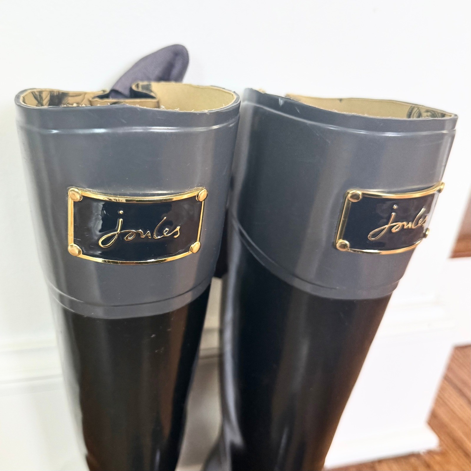 Joules Evedon Rain Boots Womens 8 Black Bow Back Waterproof Tall