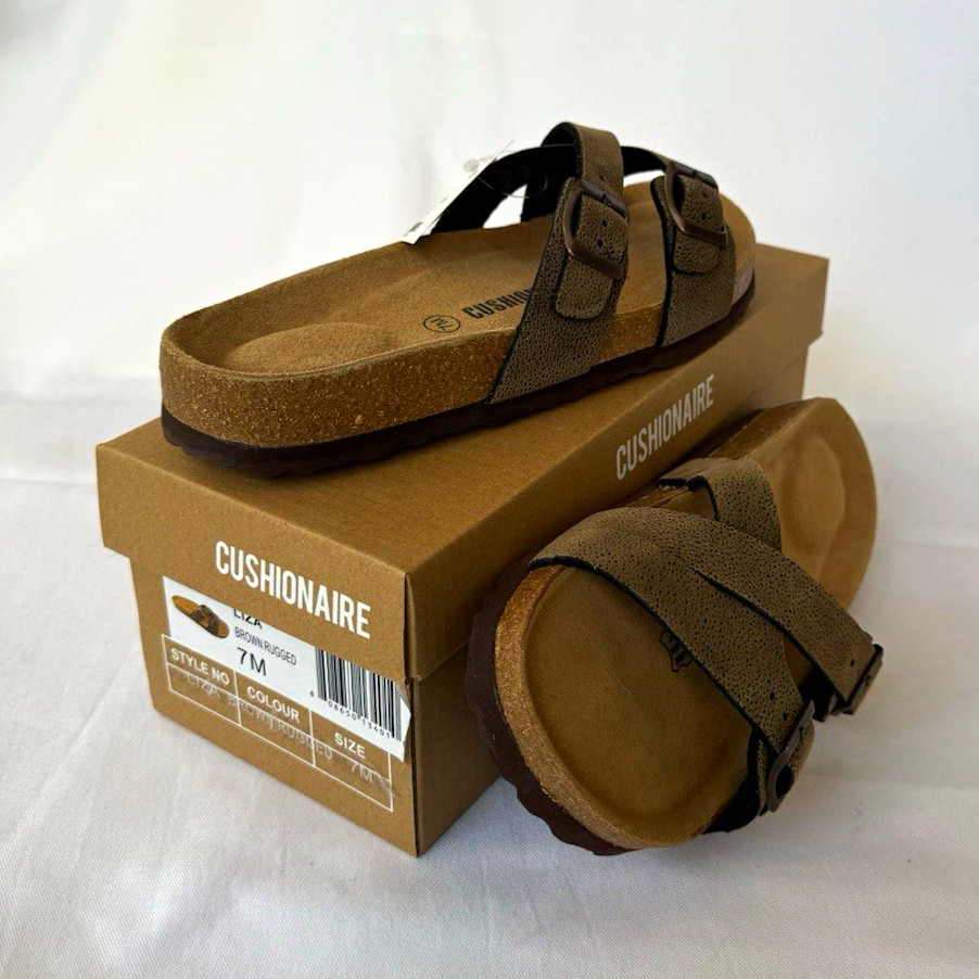 CUSHIONAIRE Women’s Slide Sandals Brown Buckle Adjustable Strap Size 7 Med New
