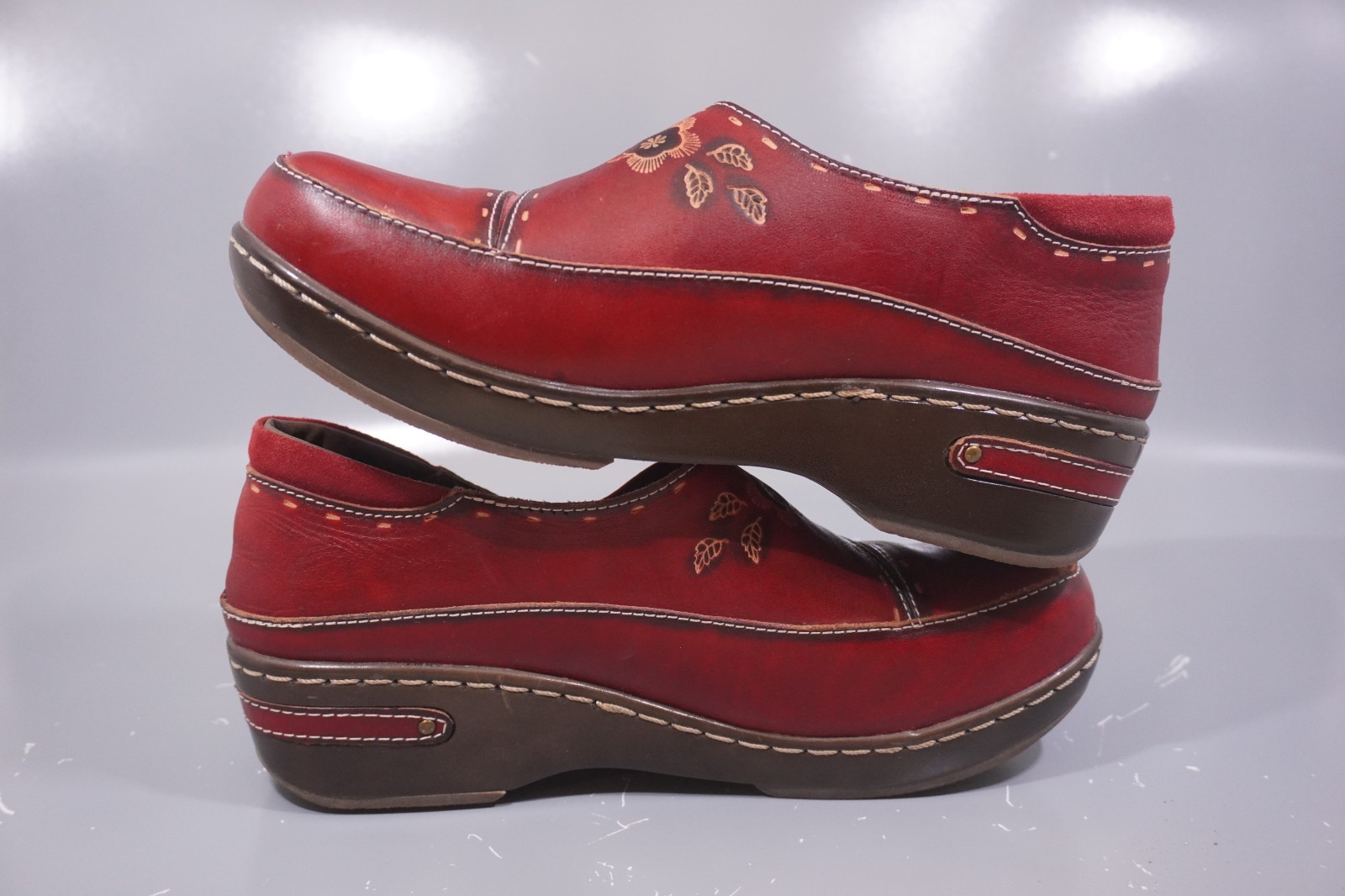 Spring Step Clogs Shoes Womens Sz EU 40 US 9 Burbank Leather Flower Leaf Red