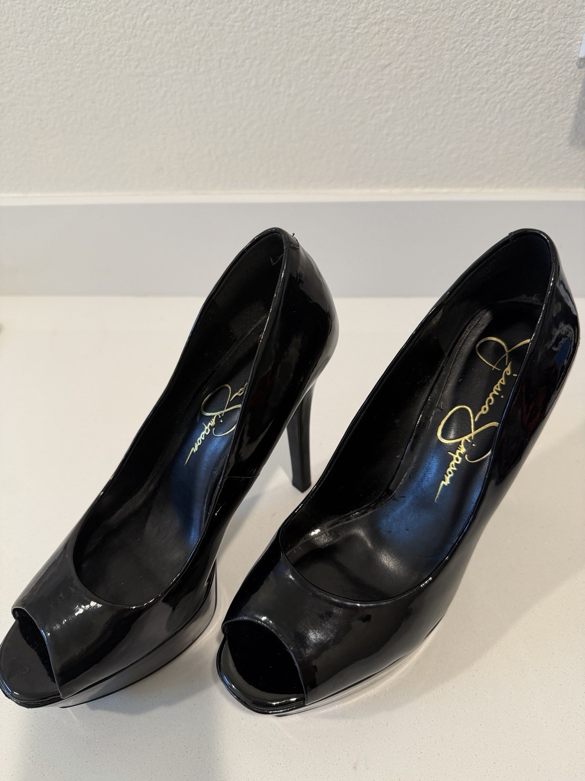 Jessica Simpson Black Patent Leather Peep Toe Platform Heels Pumps 8.5 B EU38.5