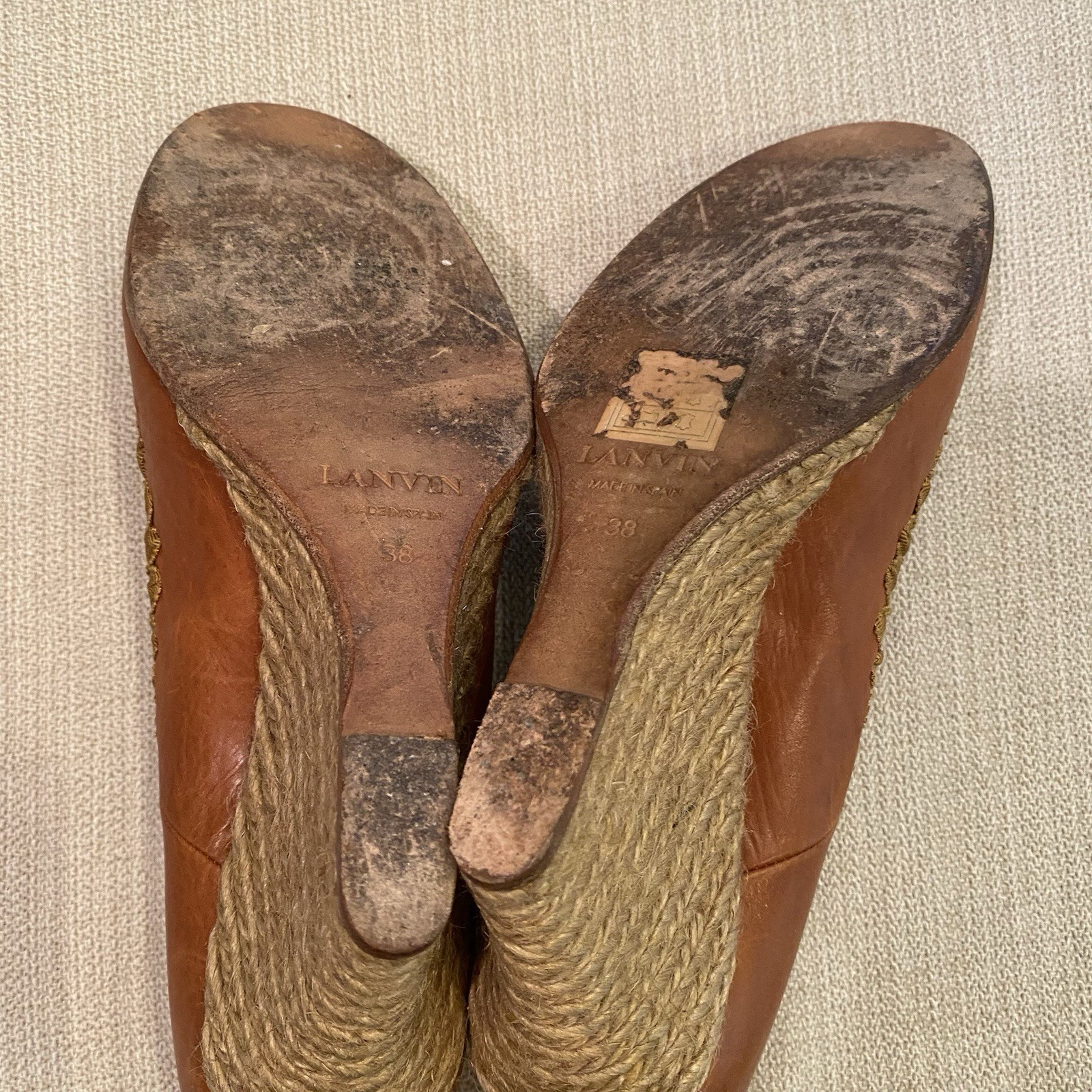 Lanvin Grosgrain-Stitched Leather Wedge Pump Tan Size 38