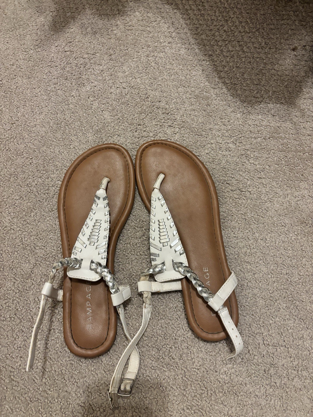 Rampage Braided Metallic Straps Buckle White Brown Thong Sandals Women