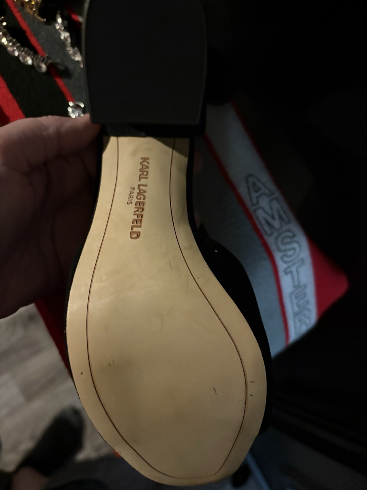 Karl Lagerfeld Paris Black Suede D’Orsay Open Toe Block Heel Logo Slip-On