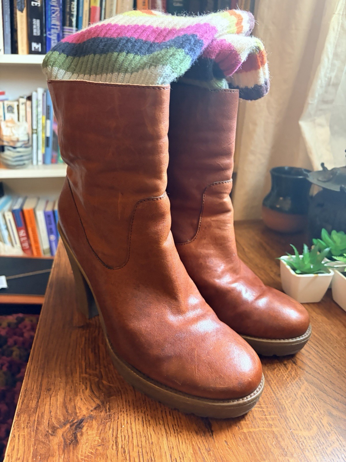 Coach Brown Leather Bootie Boots US 9 Legacy Striped Cuff Block Heel