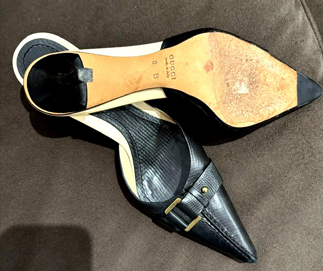GUCCI women’s 100% leather stilletto mules with logo buckle EU size 8 Italy