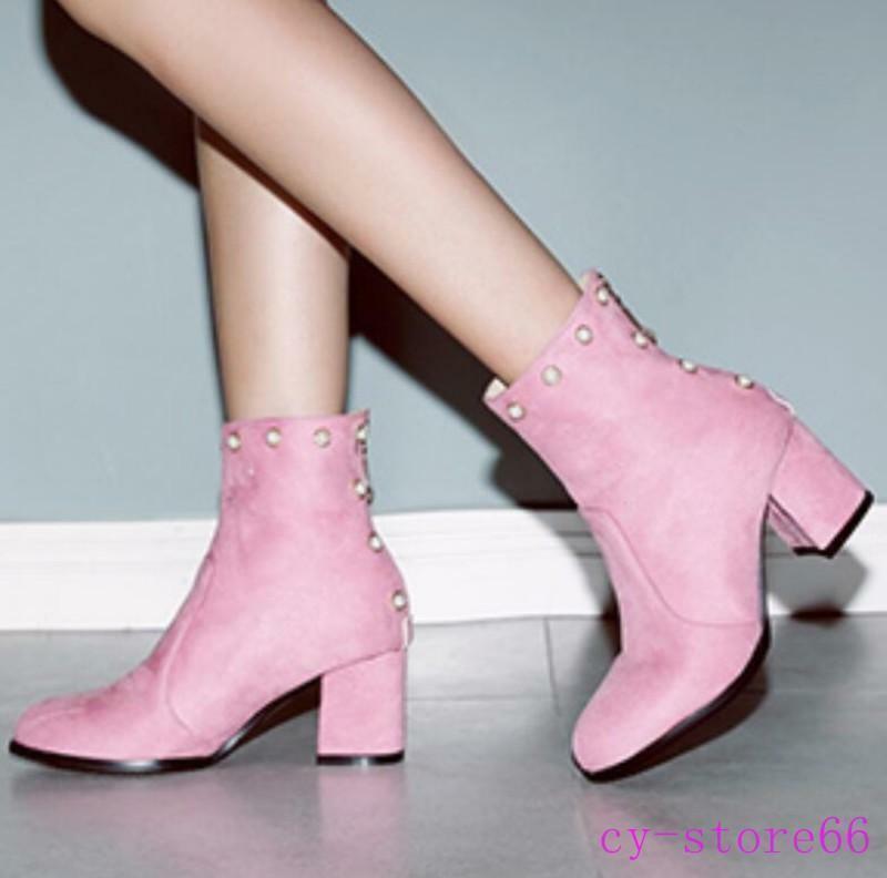 Womens Pearls Zipper Ankle Boots High Chunky Heel Casual Suede Shoes Clubwear