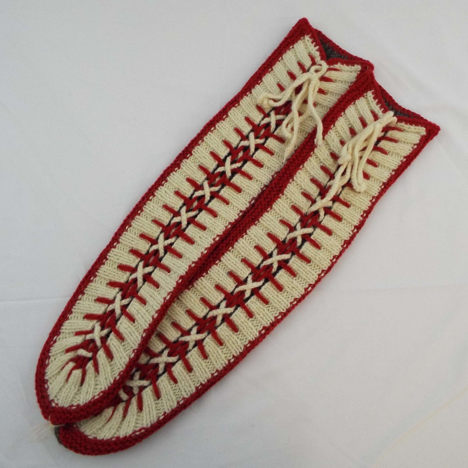 Hand Knit Women’s Red, White, Gray 21″ Lace Up Slipper Socks NWOT One Size