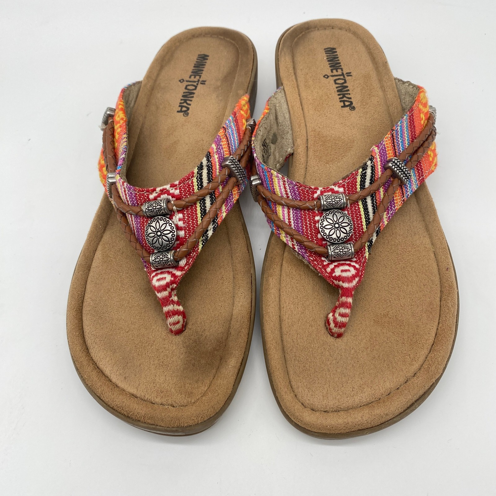 Minnetonka Raz Flip Flop Women’s Size 8 Slip-On Fabric Red Multicolor Sandals