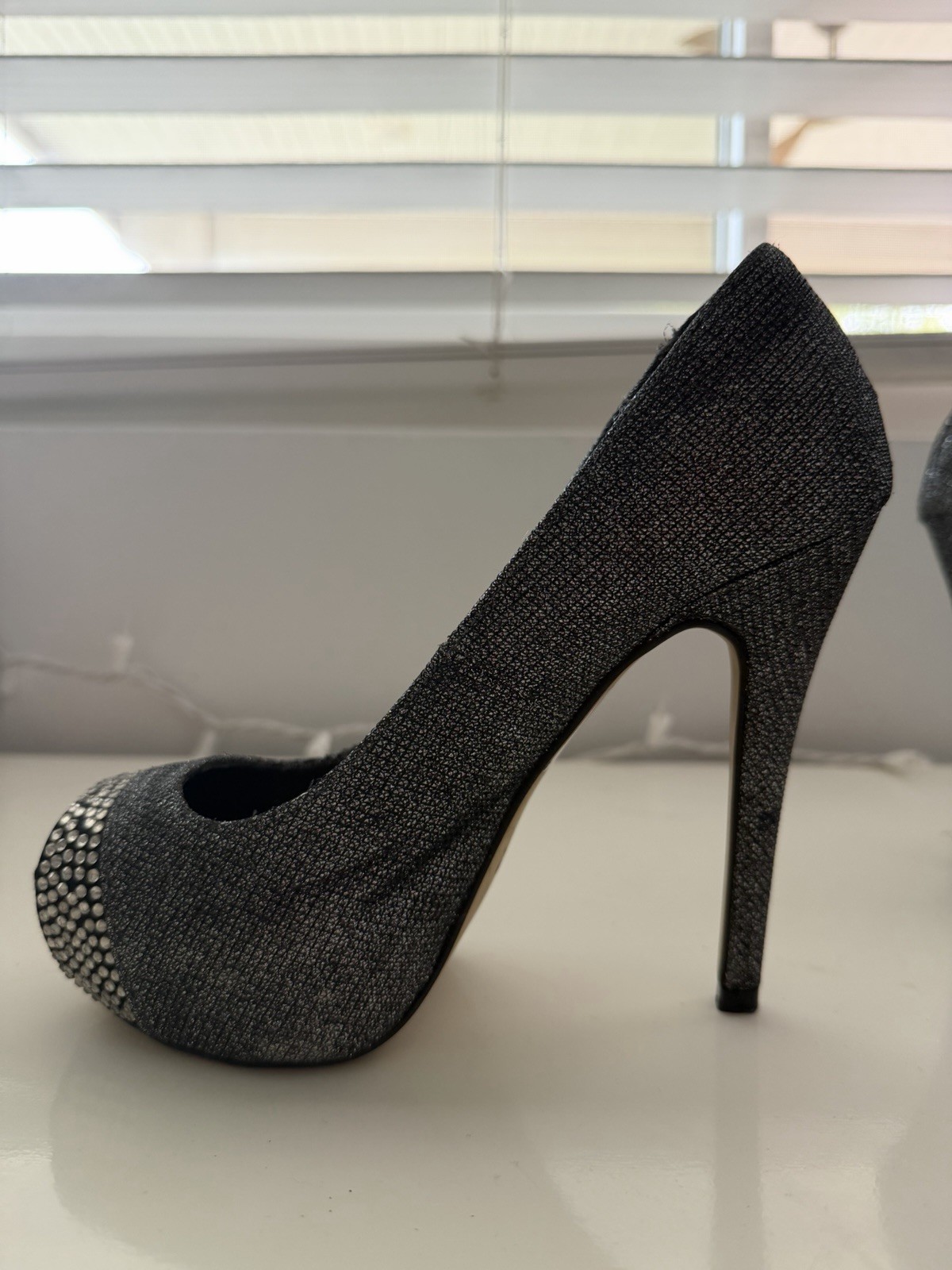 The Essence Menbur Black/Silver Rhinestone Peep Toe Slip-On Stiletto Pumps 6
