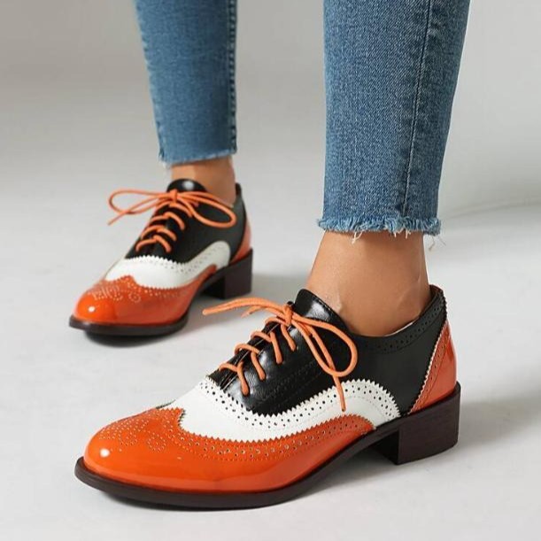 Womens Patchwork Brogue Shoes Lace Up Fashion Flat Color Block Multi Tone Oxford