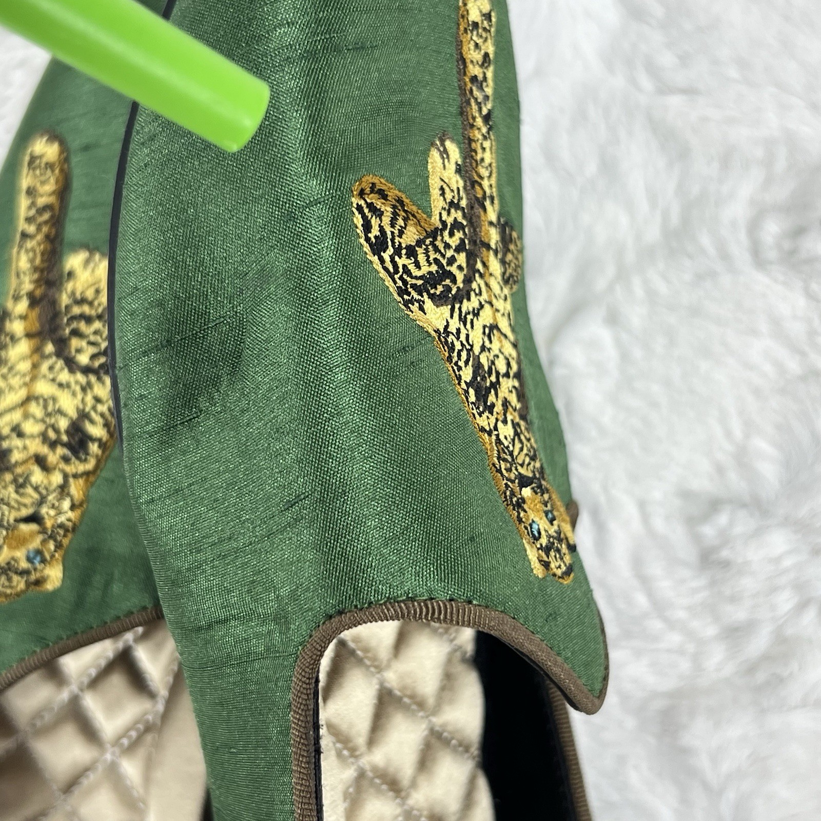 Birdies x Ken Fulk Leopard Satin Slipper Shoes Flats Women 9.5 Emerald Green Art