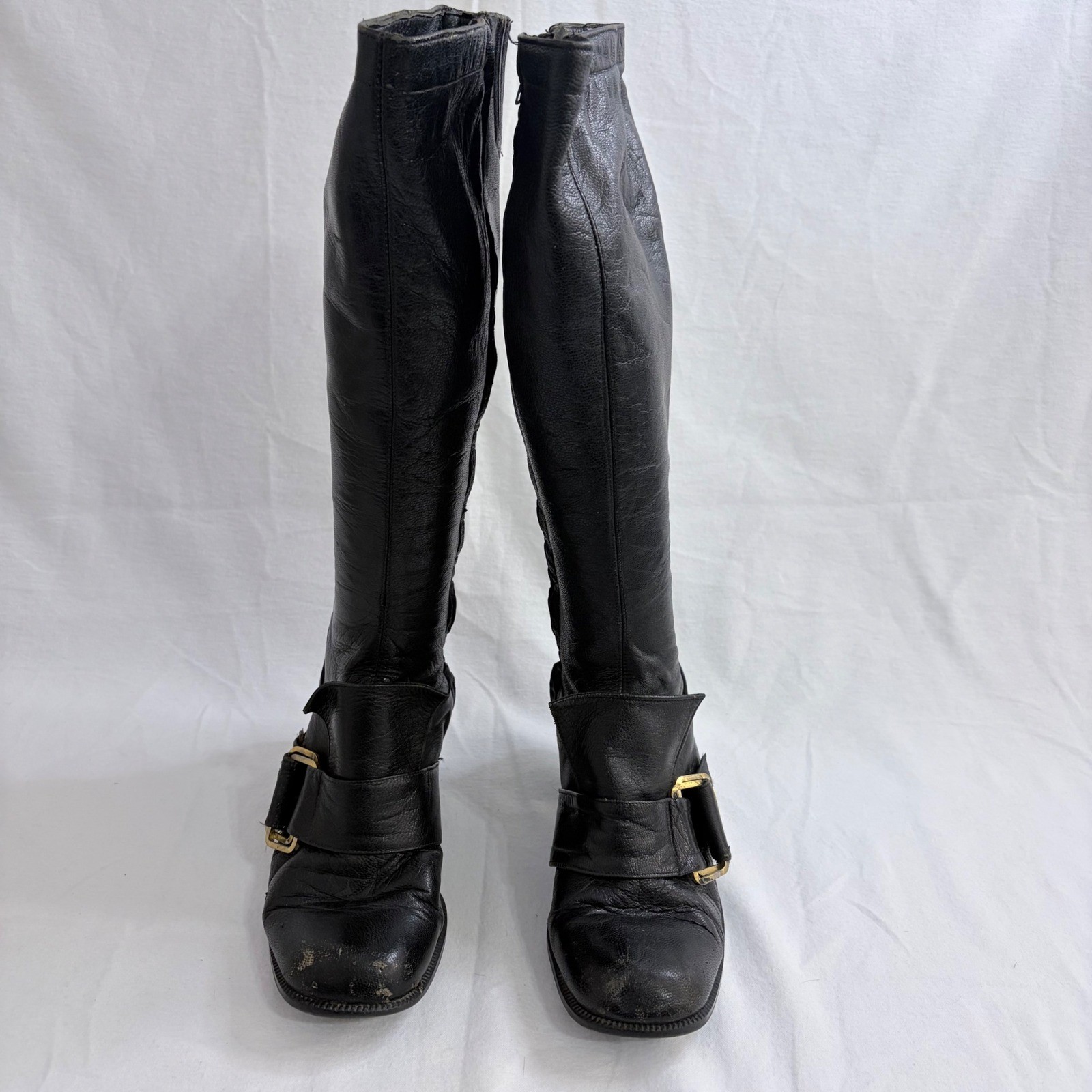 VTG Giusti Russell & Bromley Boots Knee High Buckle Black Leather Made in Italy