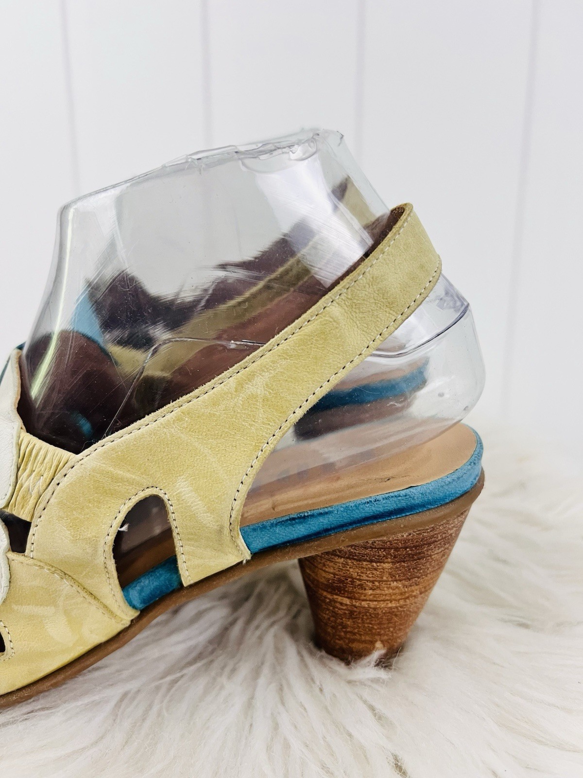Fidji Blue & Yellow Patchwork Leather Cutout Slingback Sandals Heels EU37 US6