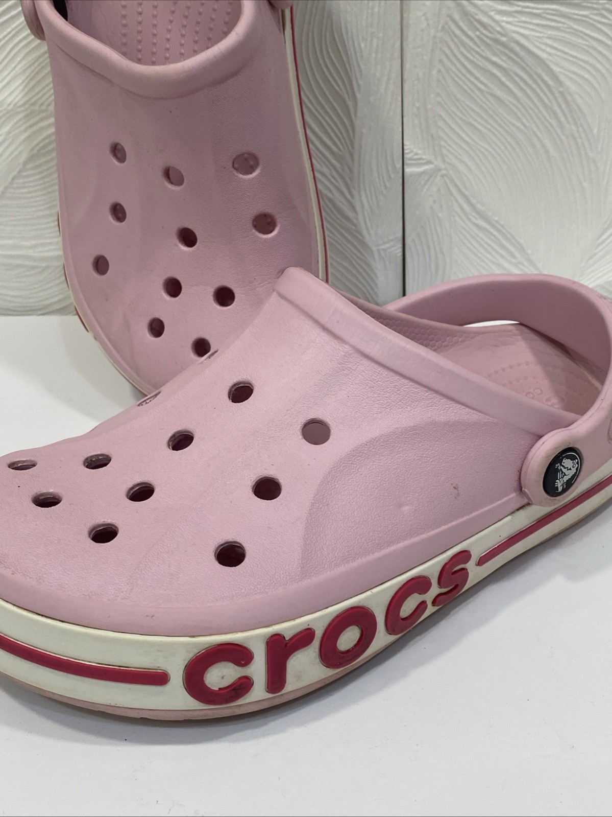 Crocs Bayaband Slip-On Clogs Womens 8 Mens 6 Candy Pink Spellout Iconic Comfort